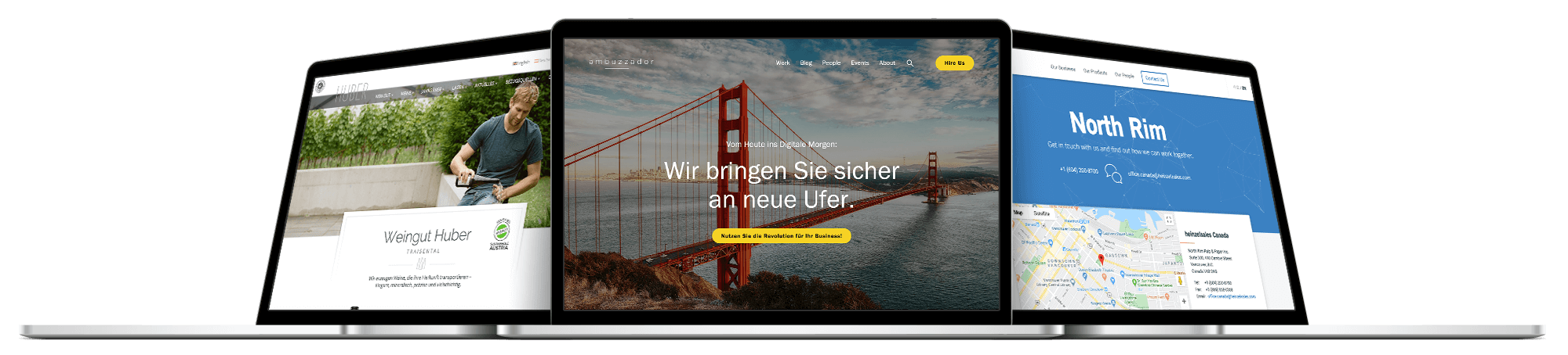 drei laptops nebeneinander, der bildschrim zeigt jeweils eine website
